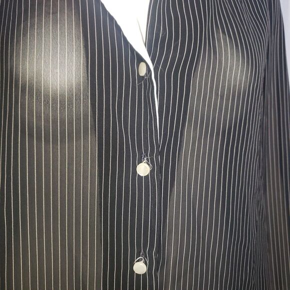 Lady Shapely Shirt Womens 42 Black White Pinstripe Sheer Long Sleeve Blouse Tie - Picture 3 of 7